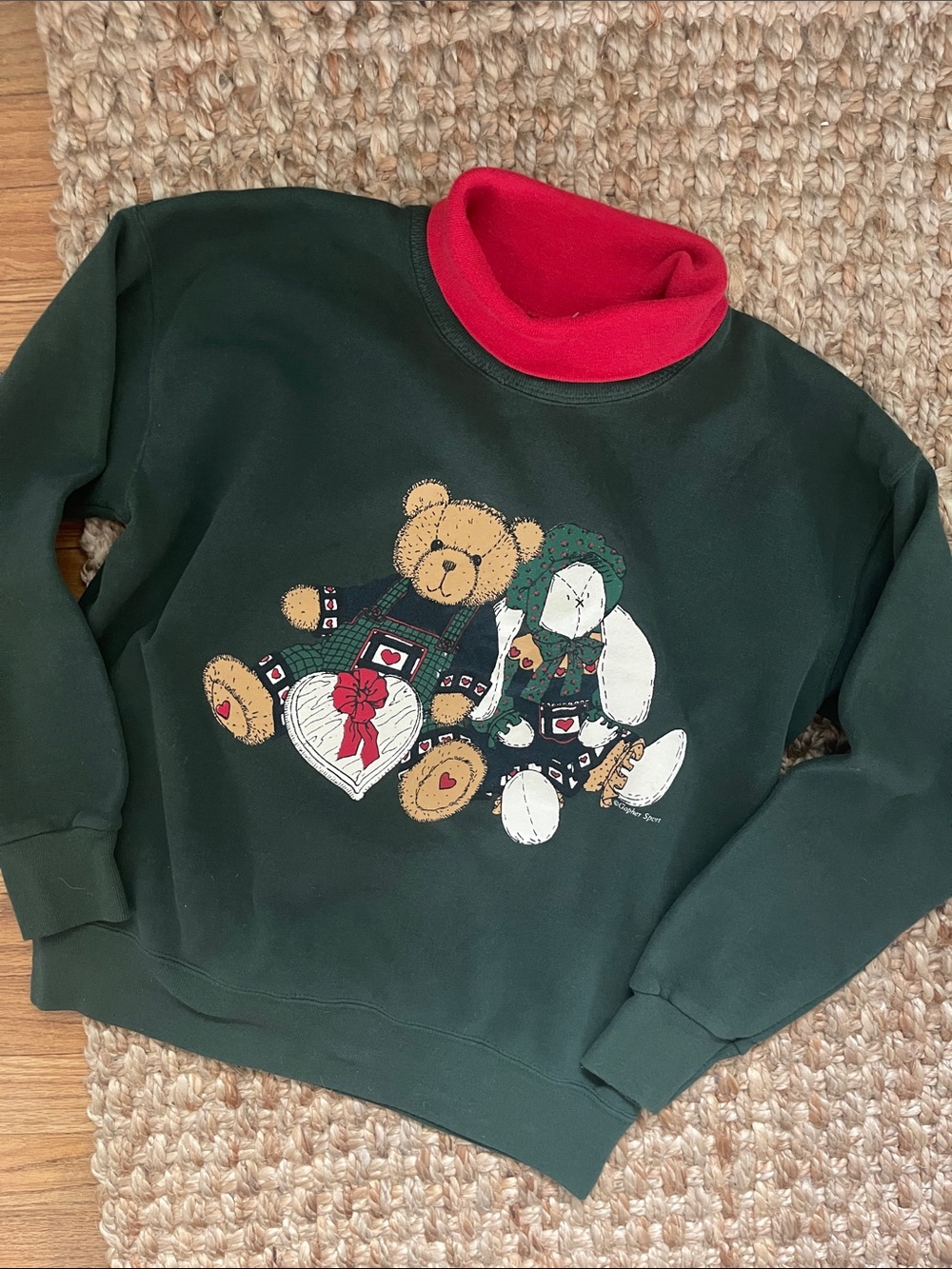 Vintage Forest Green Teddy Patch Pullover Sweatshirt with Red Neck